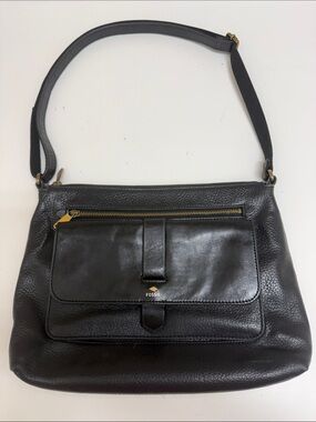 Fossil Black Leather Shoulder Bag with Front Pocket